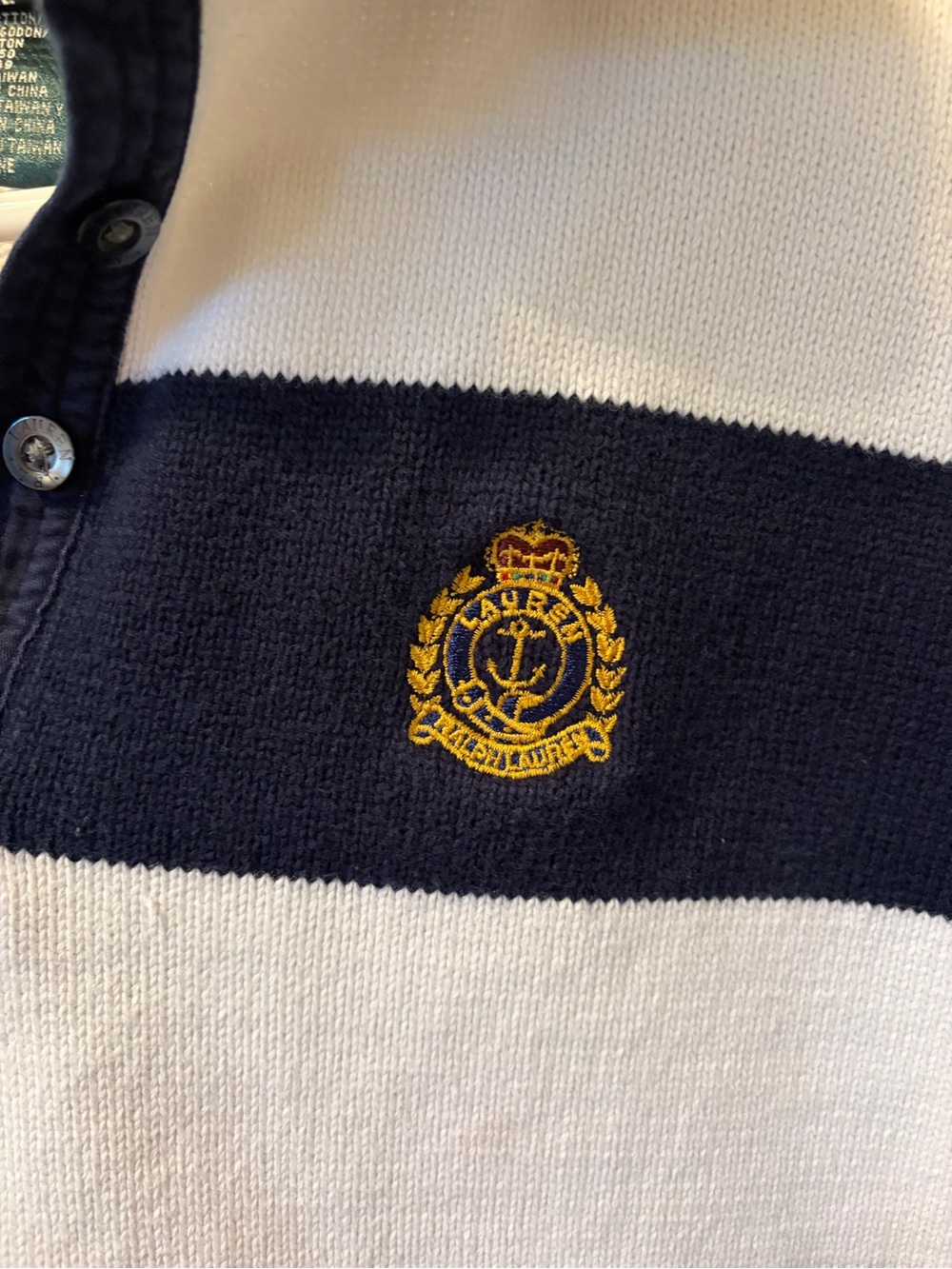 Lauren Ralph Lauren Women’s XL Navy White Striped Rugby Sweater Nautical Crest - Picture 3 of 8